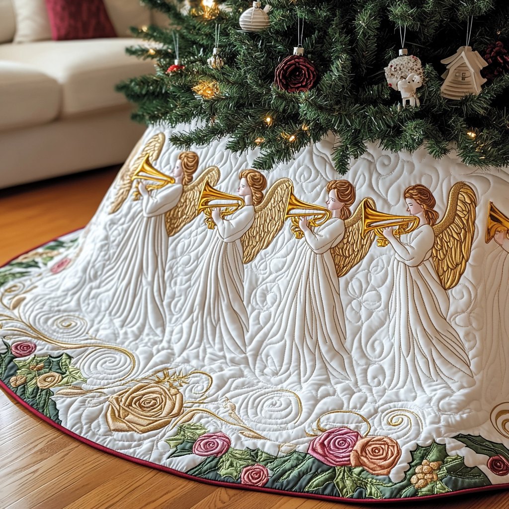 Trumpet Angels on the Rose Garland Christmas Tree Skirt