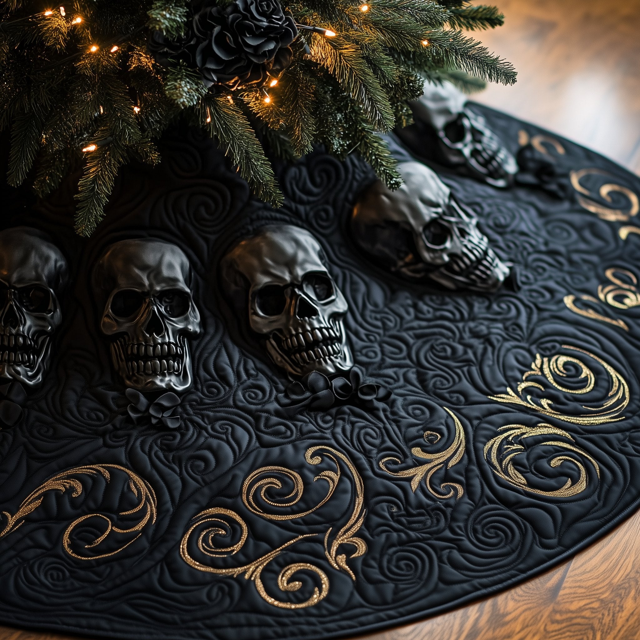 Dark Skulls on Black Gold Vines Christmas Tree Skirt