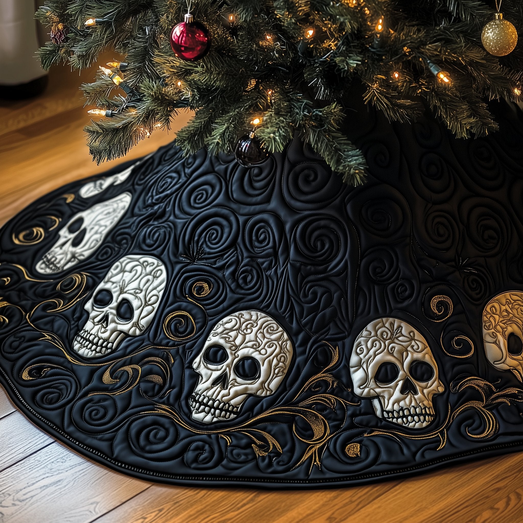 Skulls on Black Swirl Quilt Christmas Tree Skirt