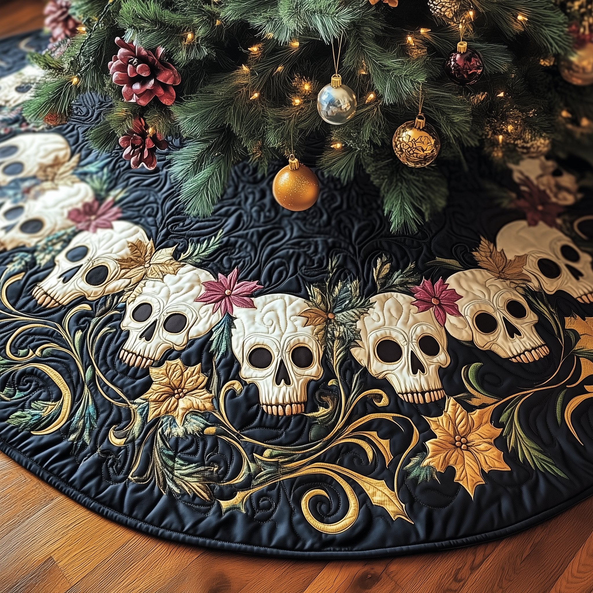 Skulls on Navy with Gold Scrolls Christmas Tree Skirt