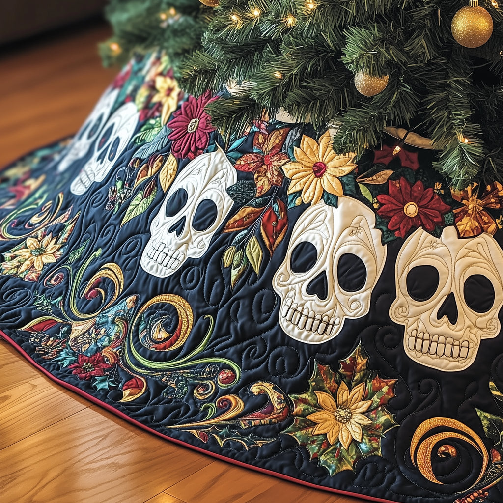 Skulls with Autumn Flowers on Navy Christmas Tree Skirt