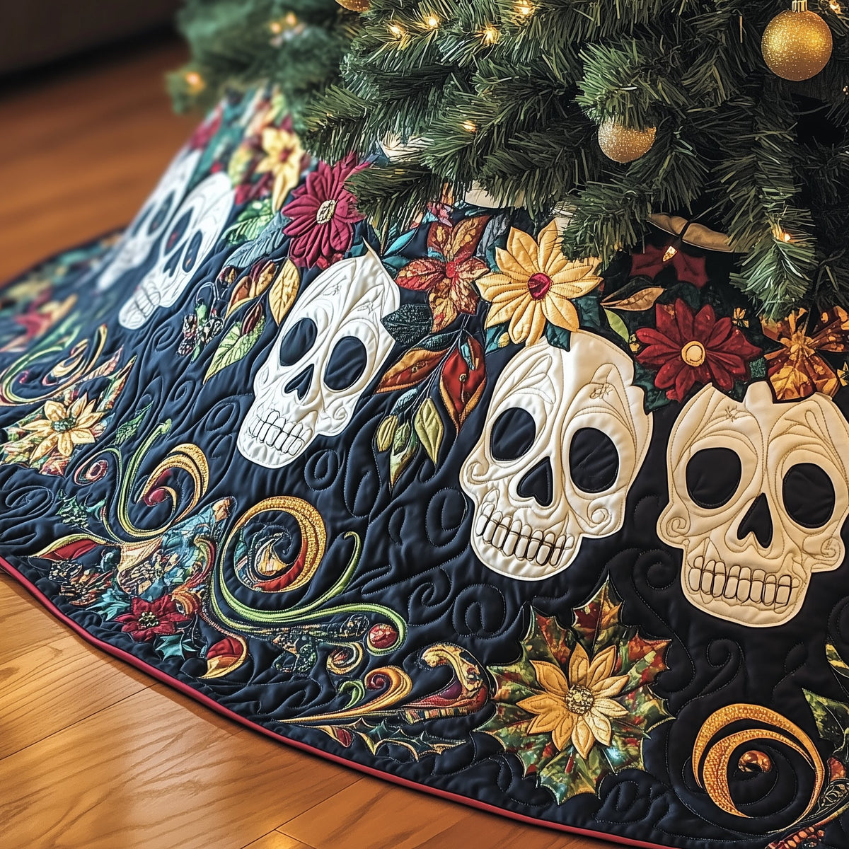 Skulls with Autumn Flowers on Navy Christmas Tree Skirt