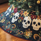 Skulls with Autumn Flowers on Navy Christmas Tree Skirt