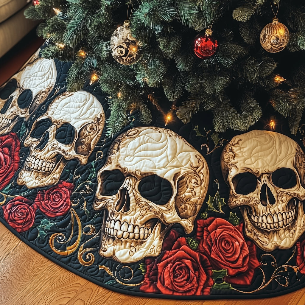 Skulls with Red Roses Christmas Tree Skirt