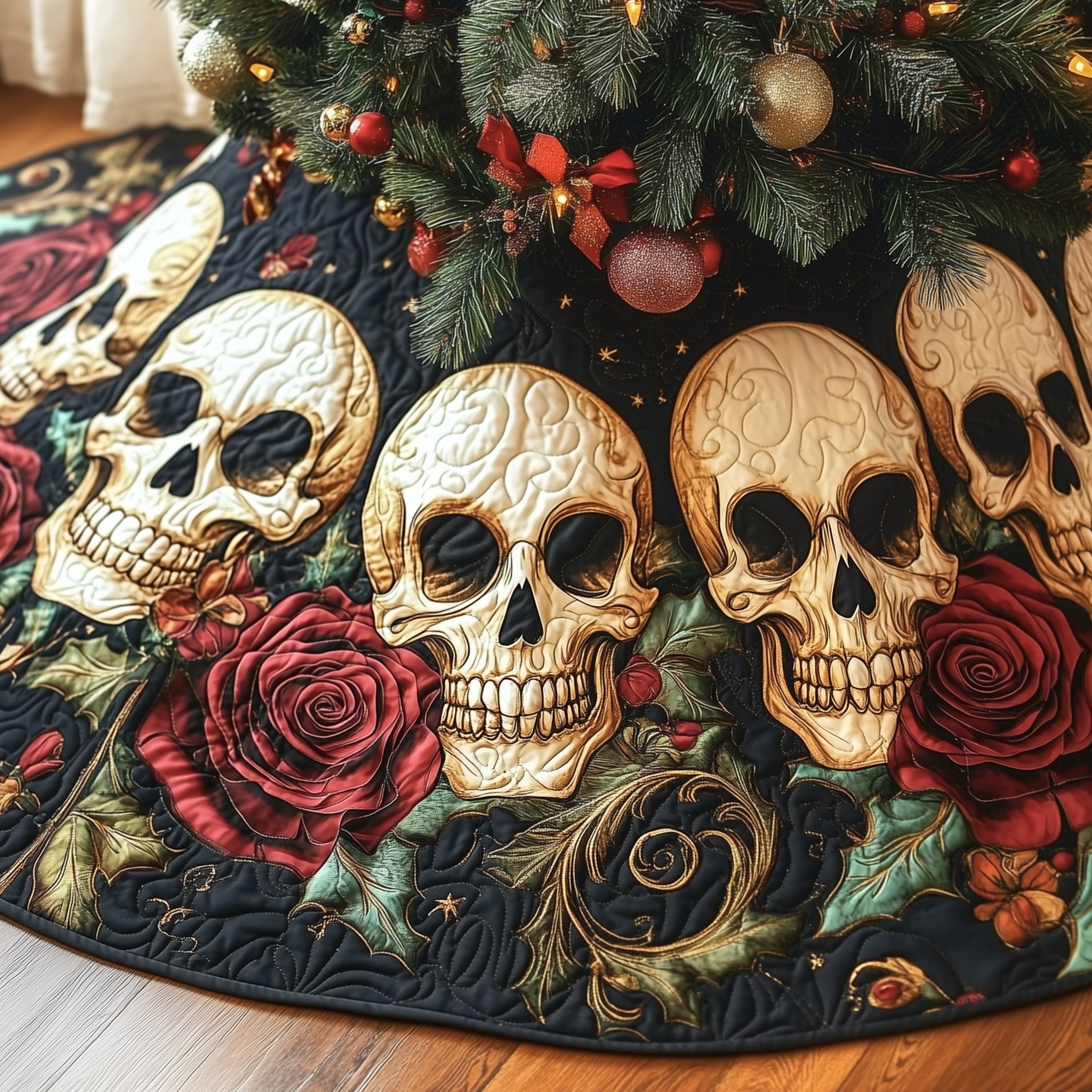 Skulls with a Single Red Rose Christmas Tree Skirt