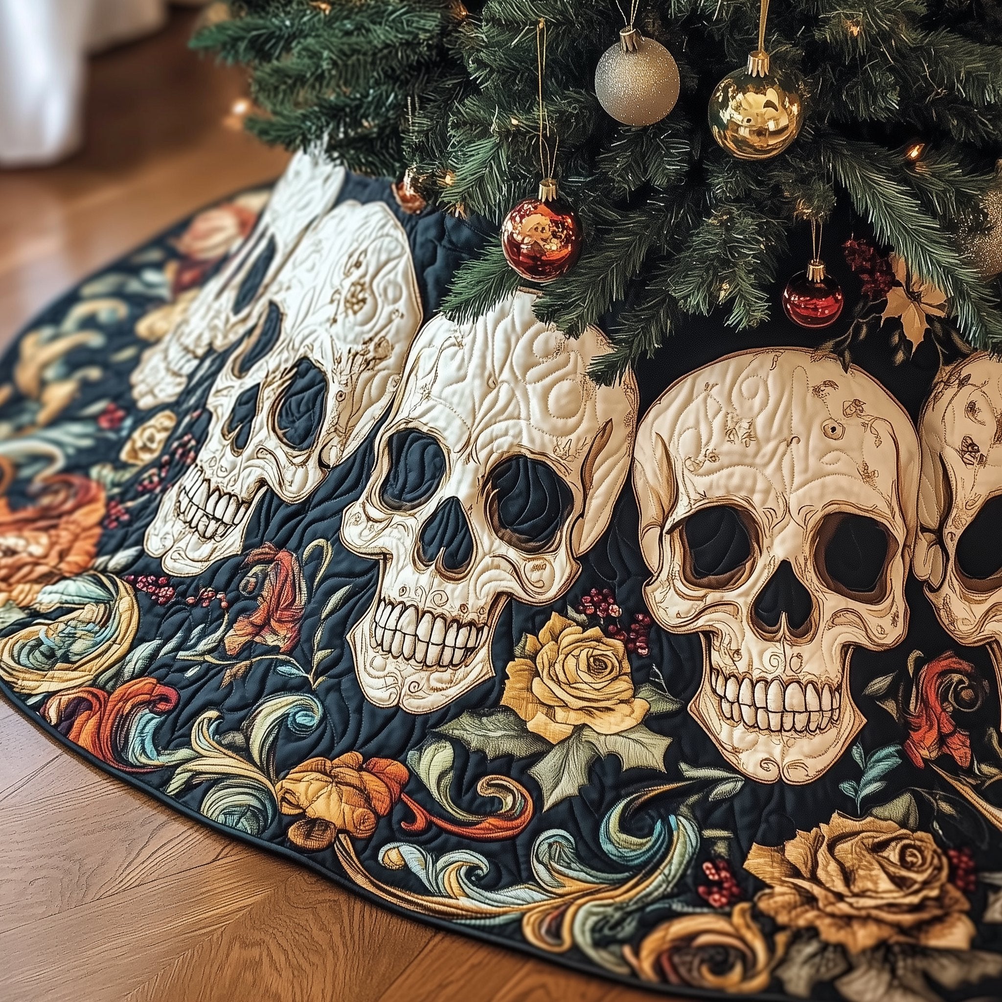 Skulls with Golden Blooms on Navy Christmas Tree Skirt