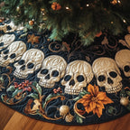 Skulls with Orange Blossoms on Navy Christmas Tree Skirt