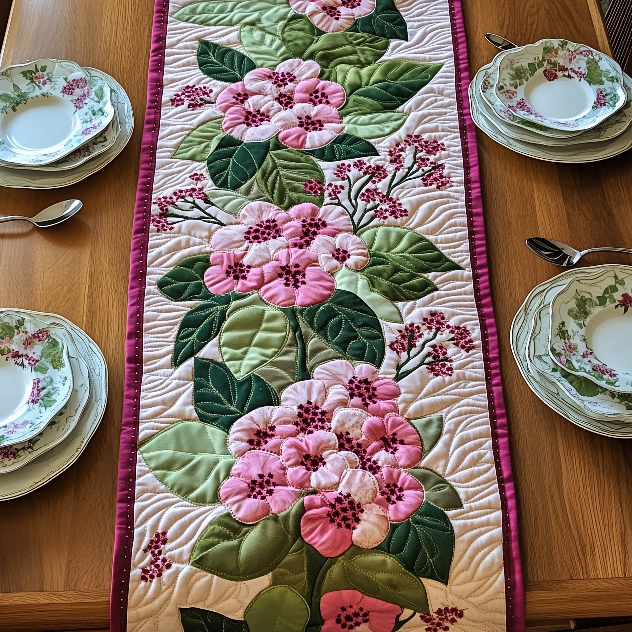 Pink Hydrangea with Green Leaves Table Runner