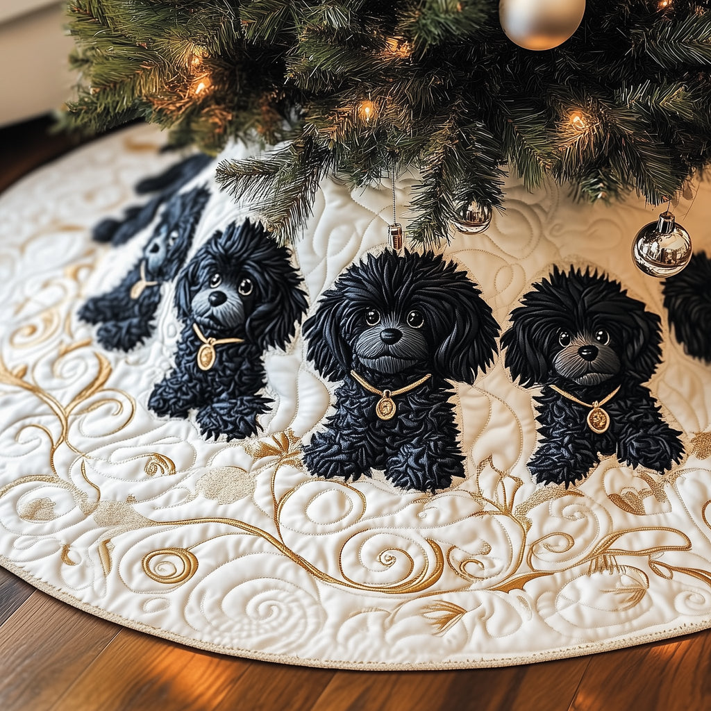 Black Poodles on Ivory Gold Swirl Christmas Tree Skirt