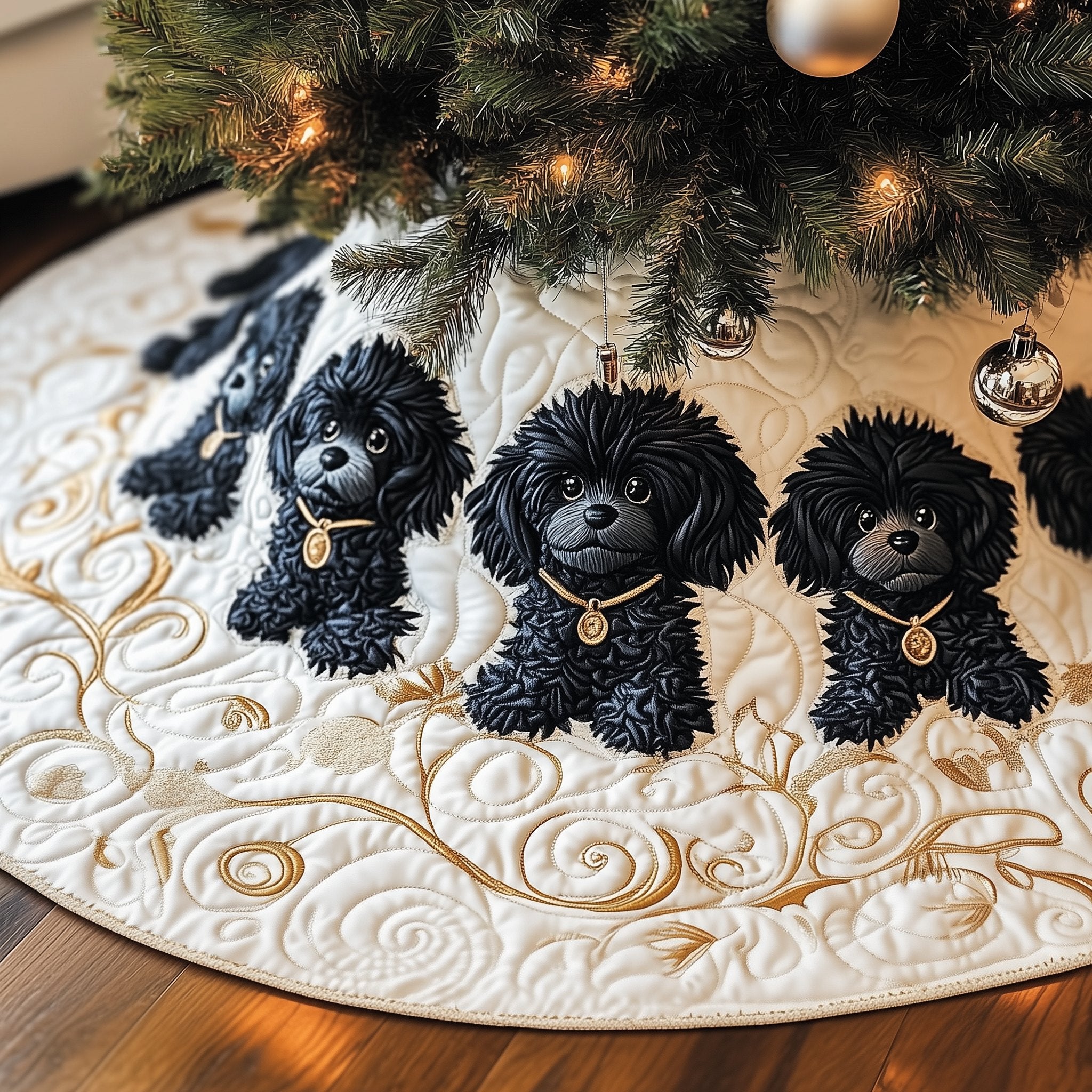 Black Poodles on Ivory Gold Swirl Christmas Tree Skirt