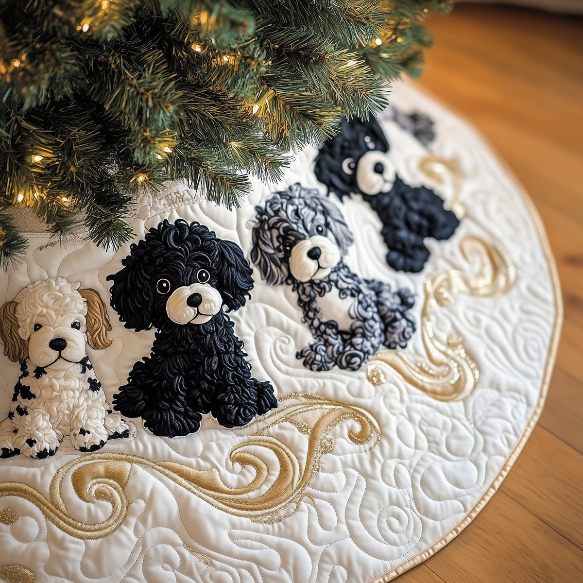 Black and White Poodles on Cream Christmas Tree Skirt