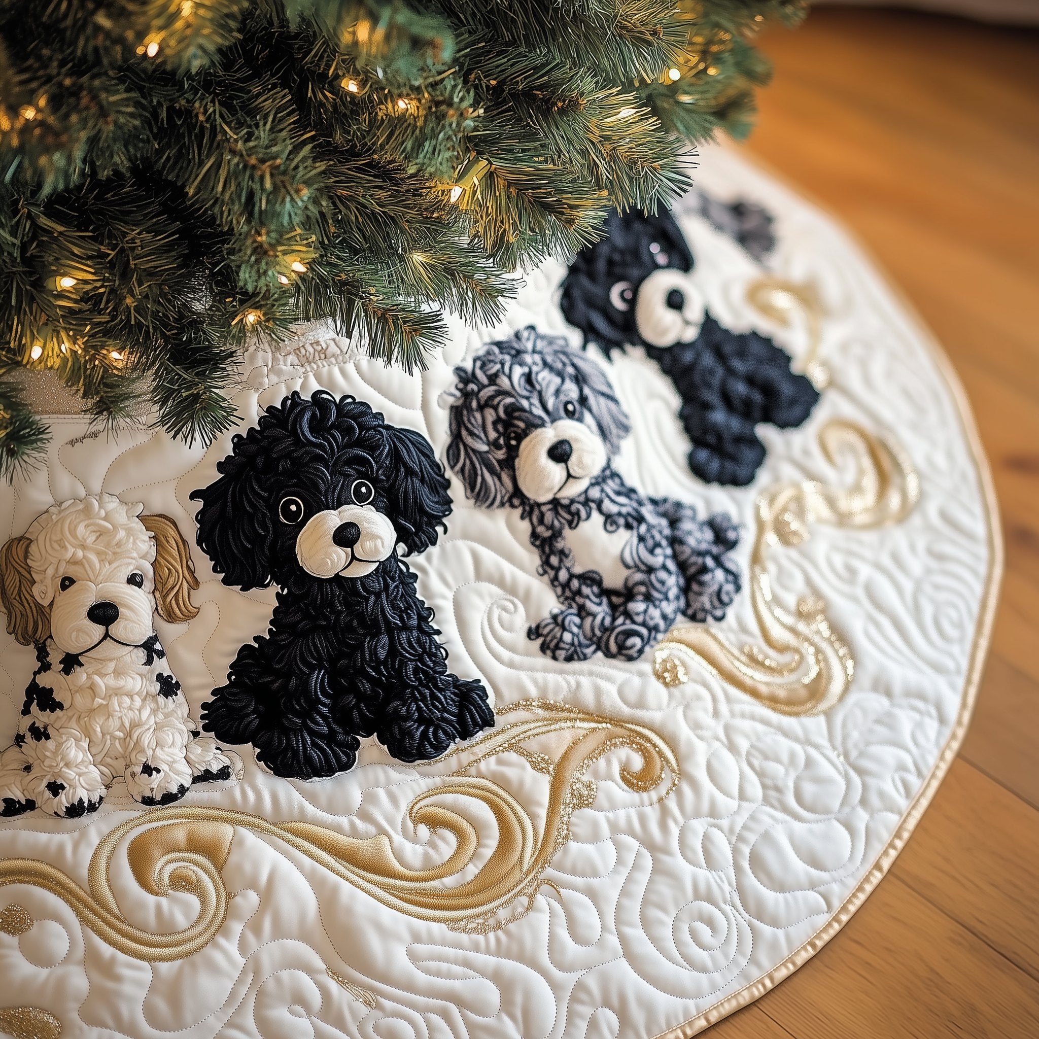 Black and White Poodles on Cream Christmas Tree Skirt