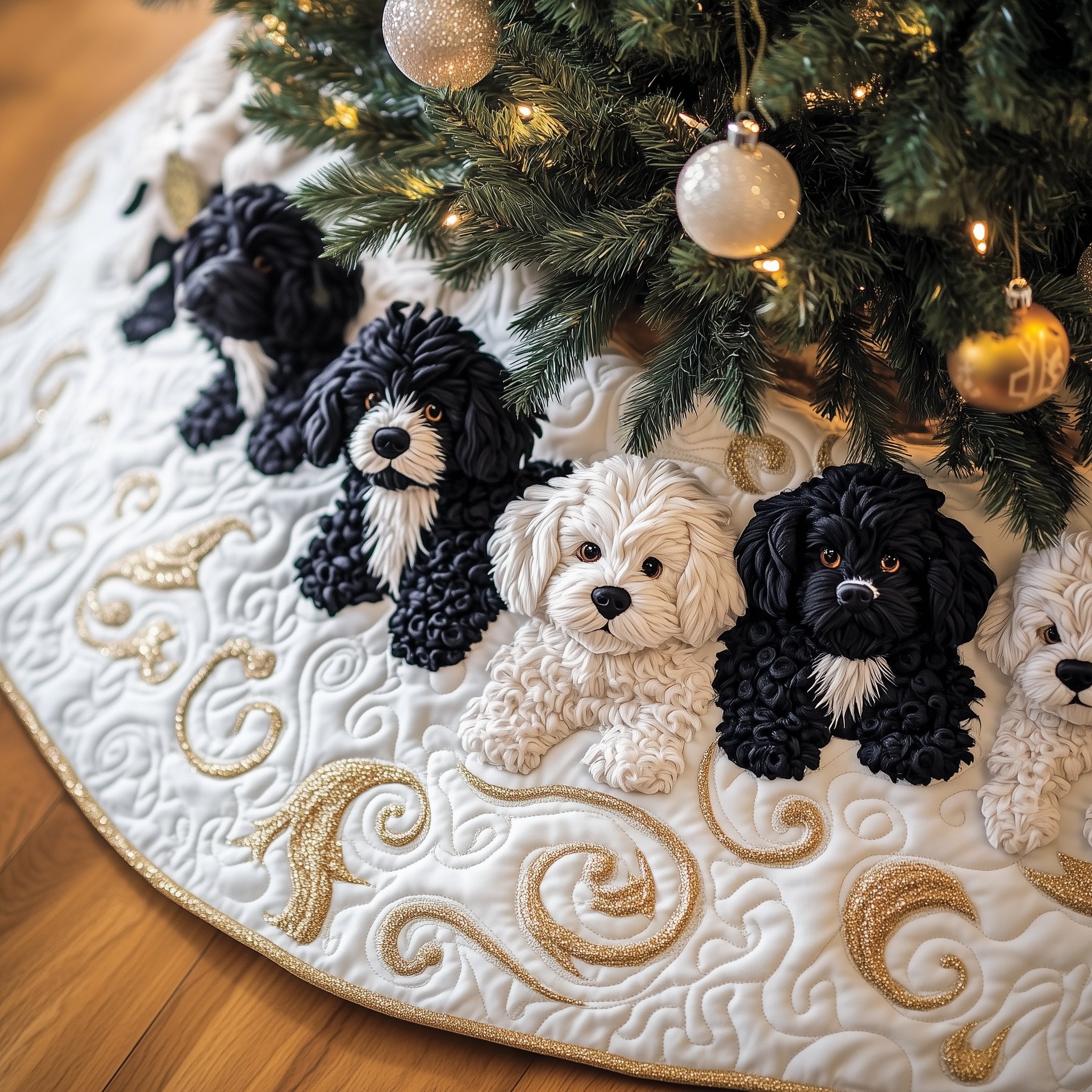 Black Poodles with Cream Doodle Christmas Tree Skirt