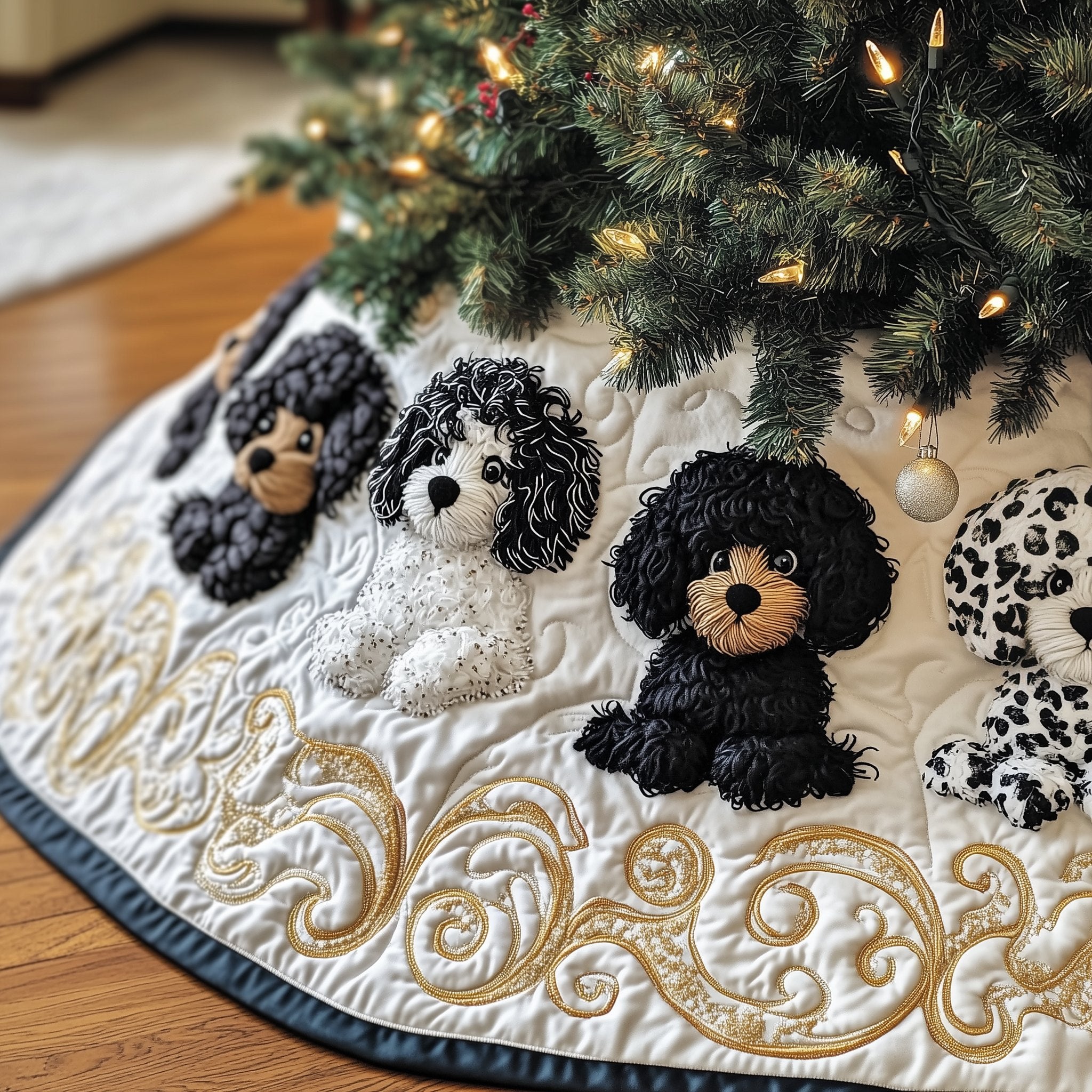 Grey and Black Poodles on White Christmas Tree Skirt