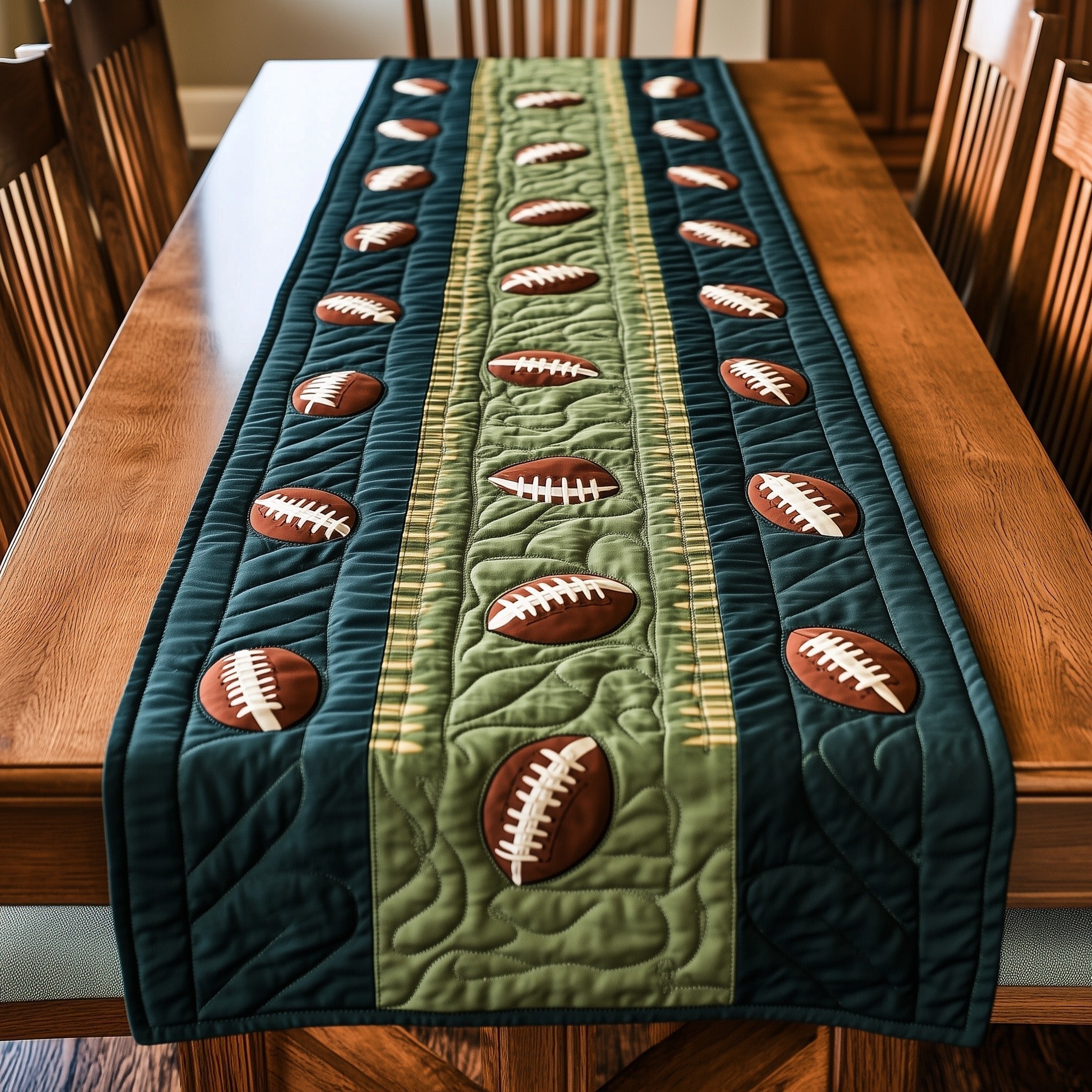Footballs on Dark Green Table Runner