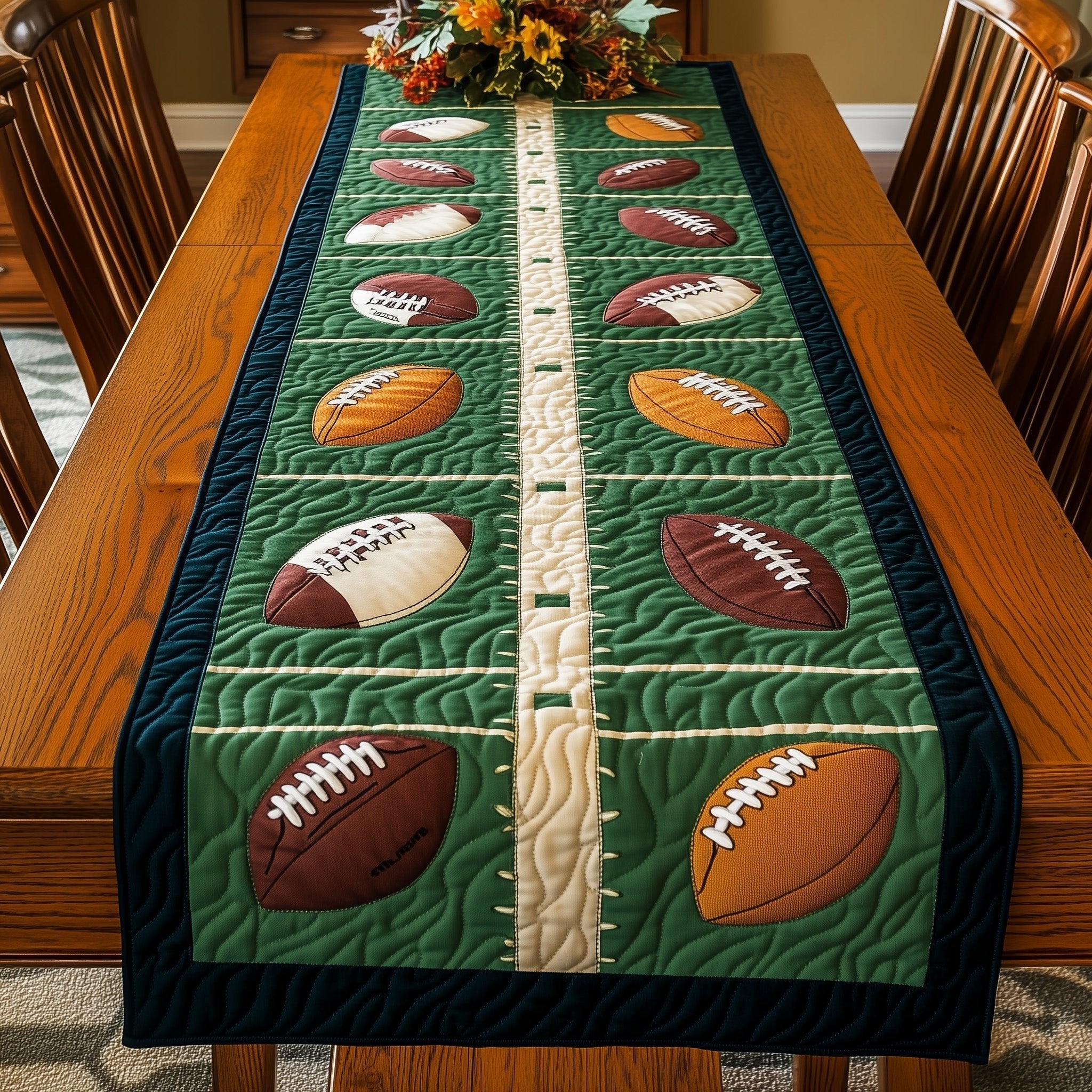 Footballs on Green Field Stripes Table Runner