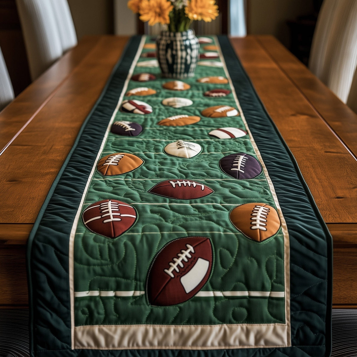 Scattered Footballs on Deep Green Table Runner