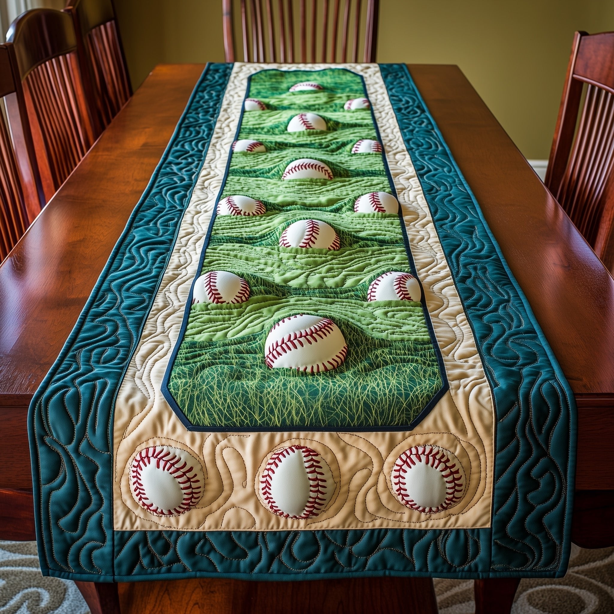 Baseballs on Green and Teal Panel Table Runner