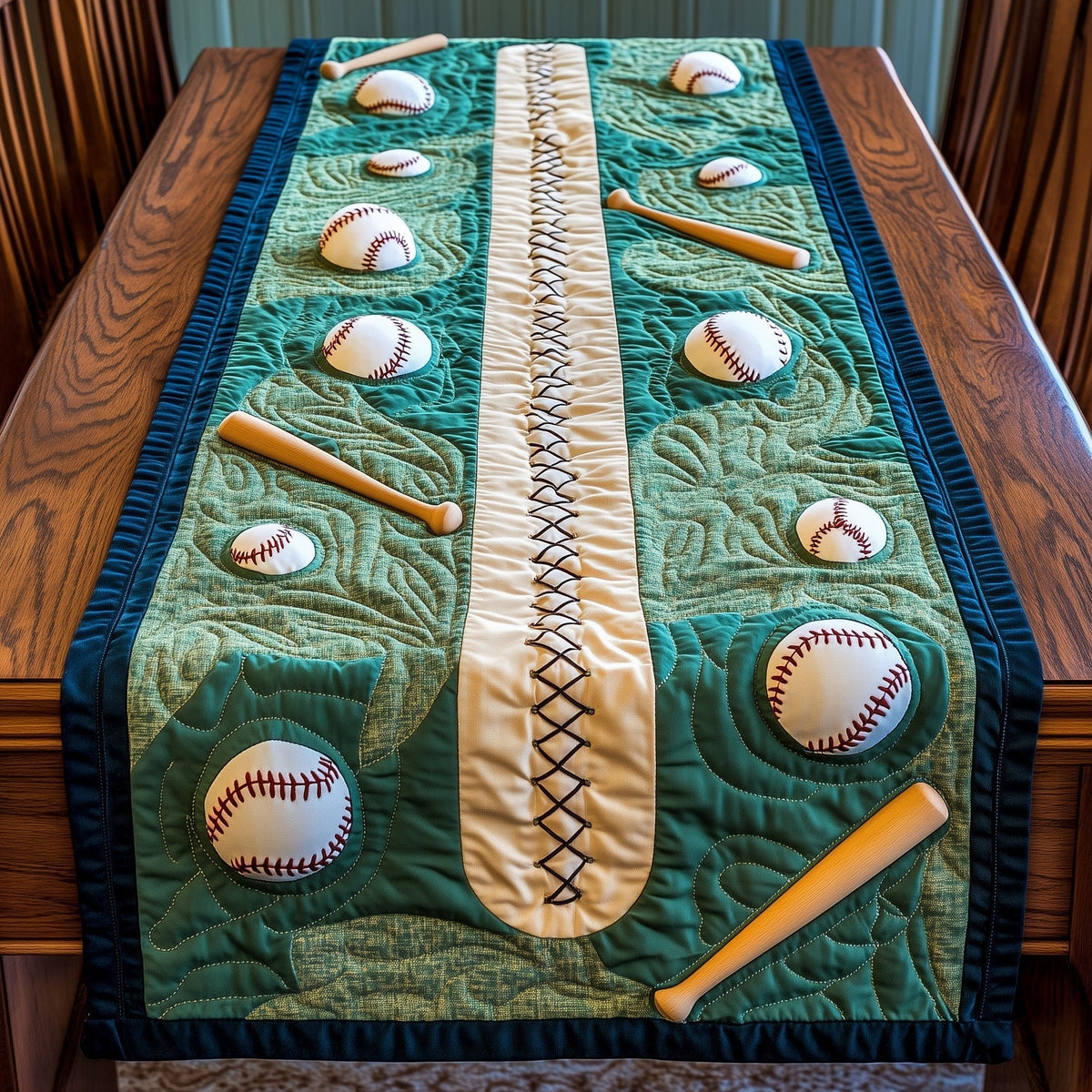 Baseballs Bats and Stitching Stripe Table Runner