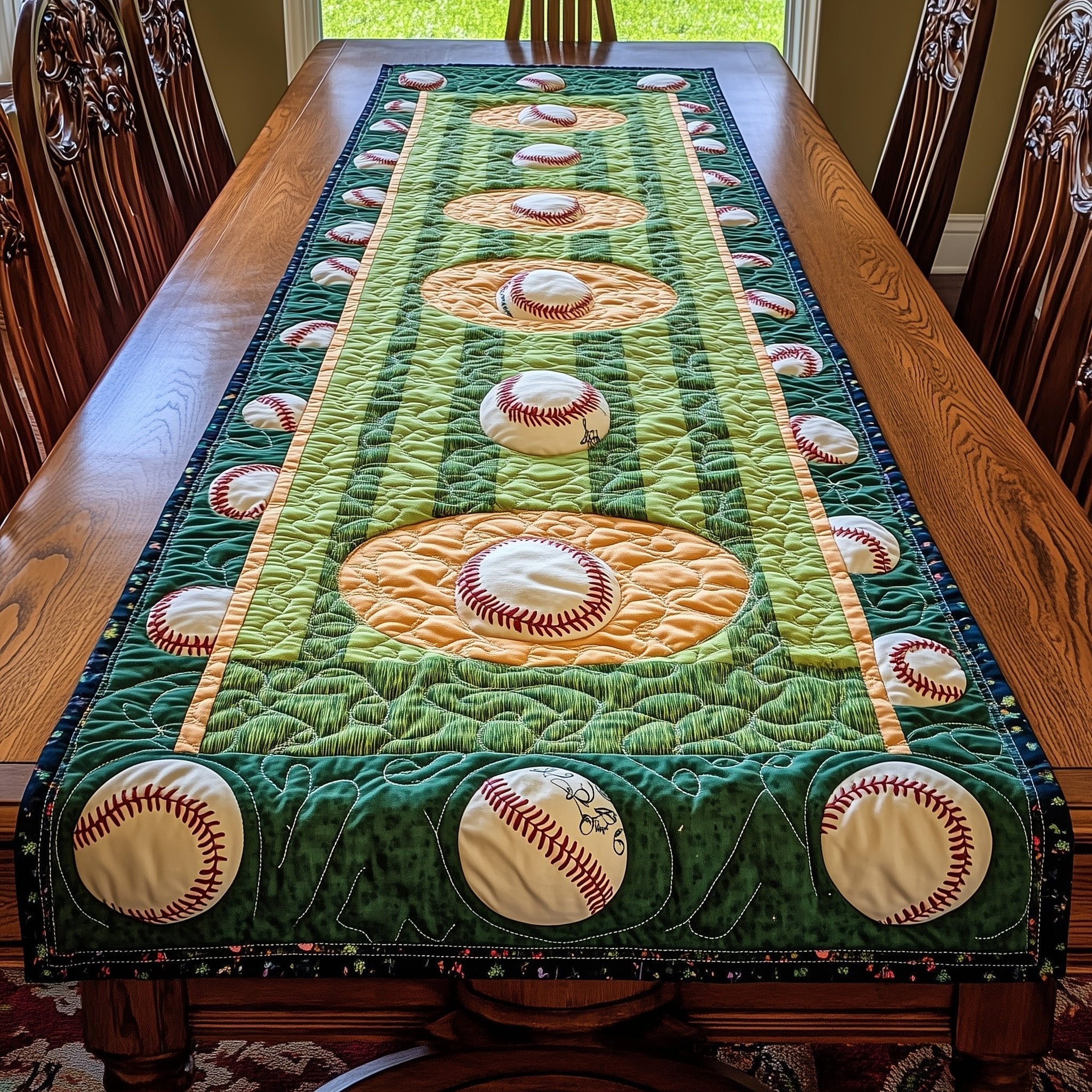 Baseballs on Green Striped Field Table Runner