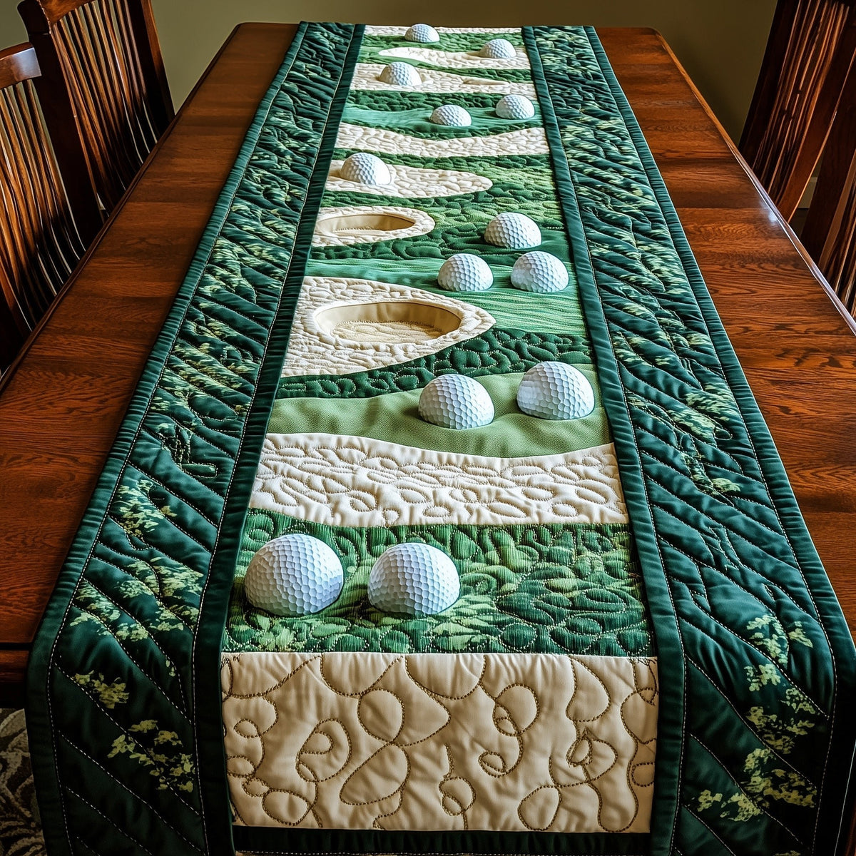 Golf Balls on Green and Cream Table Runner