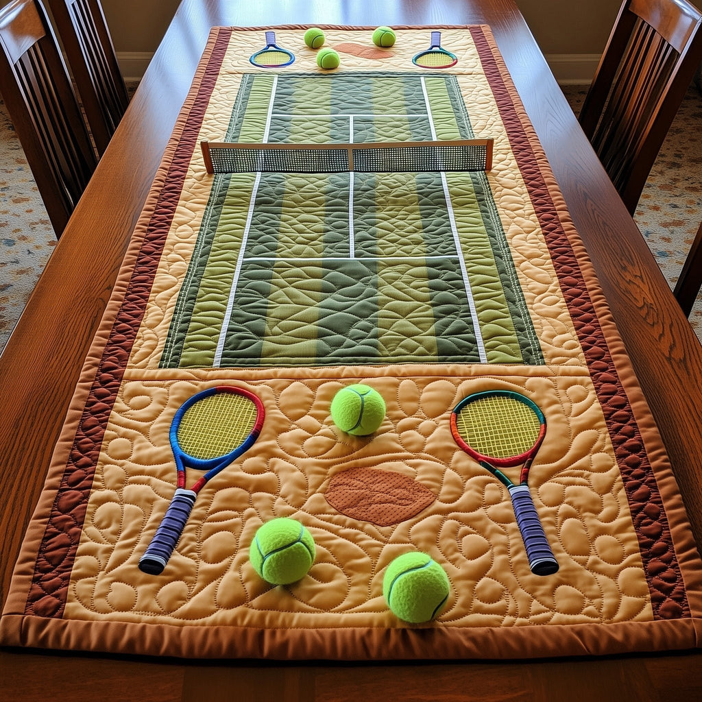 Rackets and Balls on Tan Court Table Runner