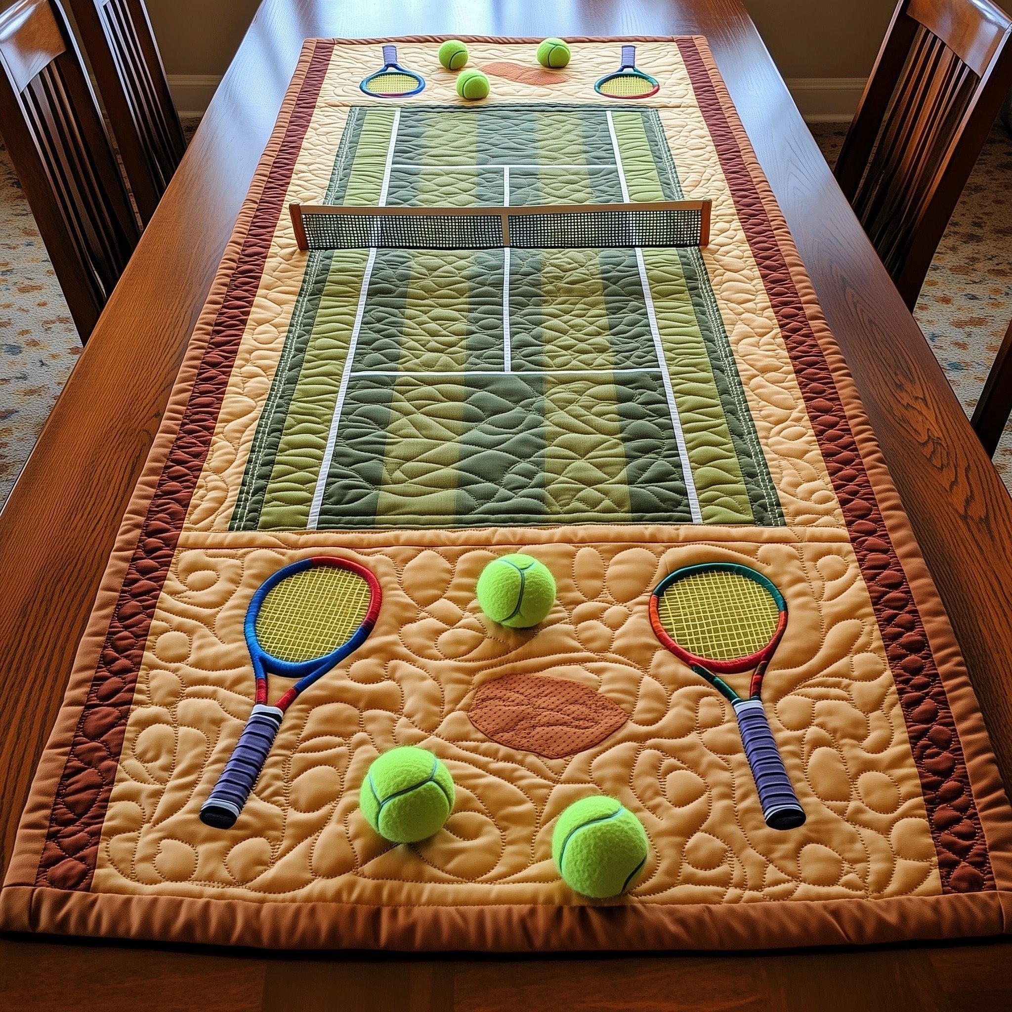 Rackets and Balls on Tan Court Table Runner