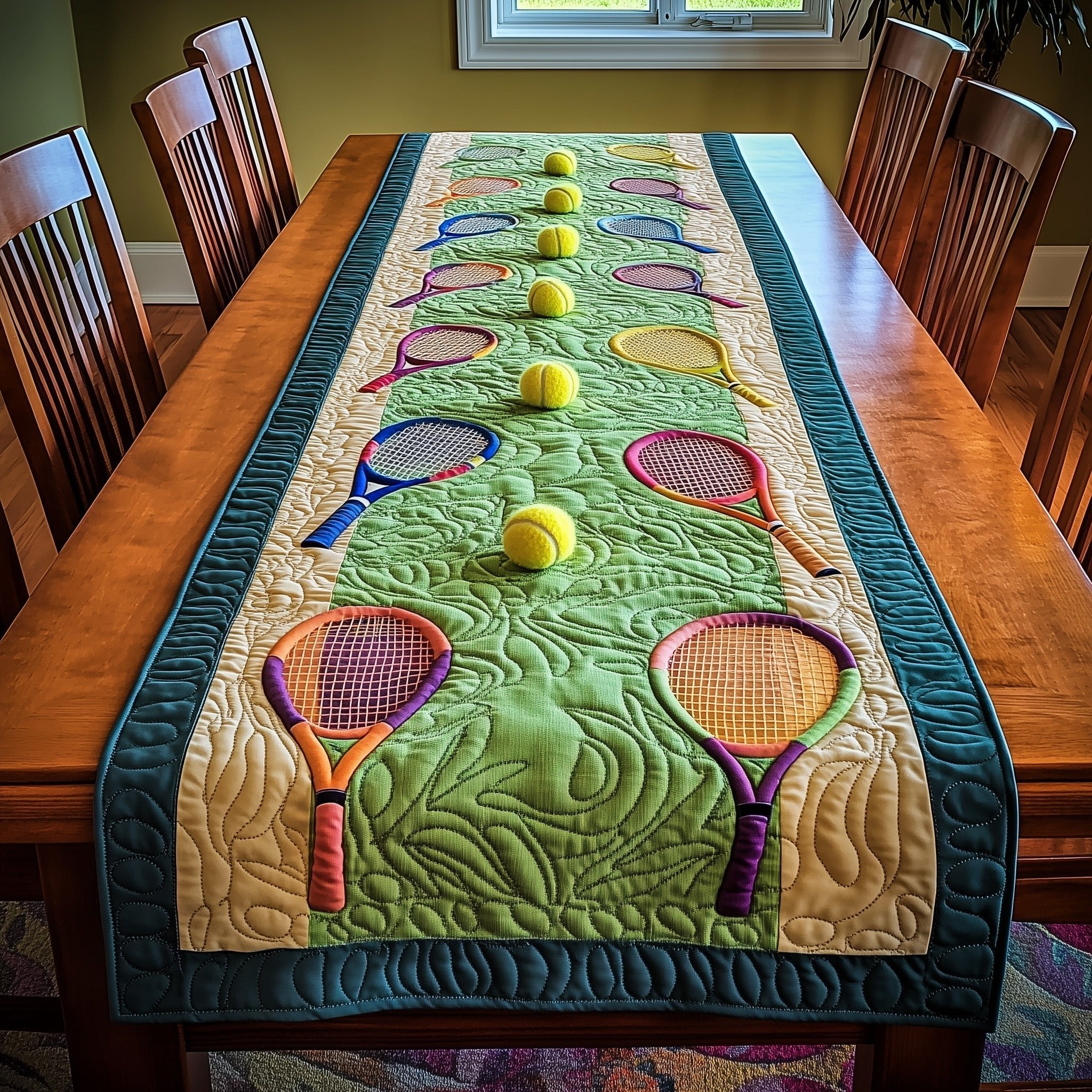 Rackets on Green Court Panel Table Runner