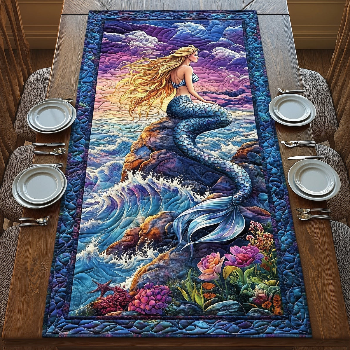 Blue Mermaid Rising from Waves Table Runner