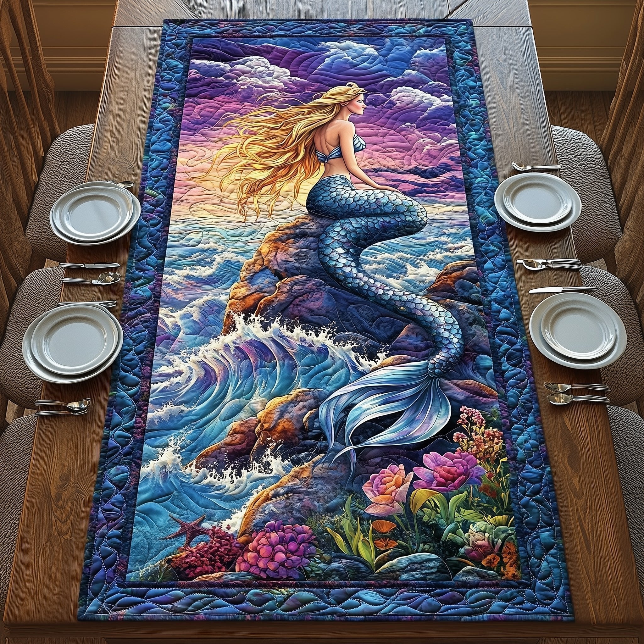 Blue Mermaid Rising from Waves Table Runner