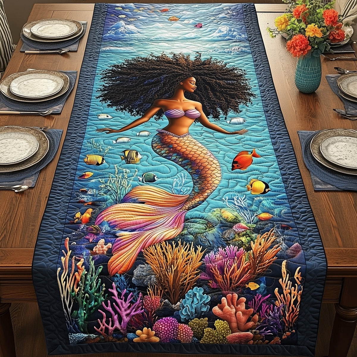 Mermaid with Curly Hair and Coral Table Runner