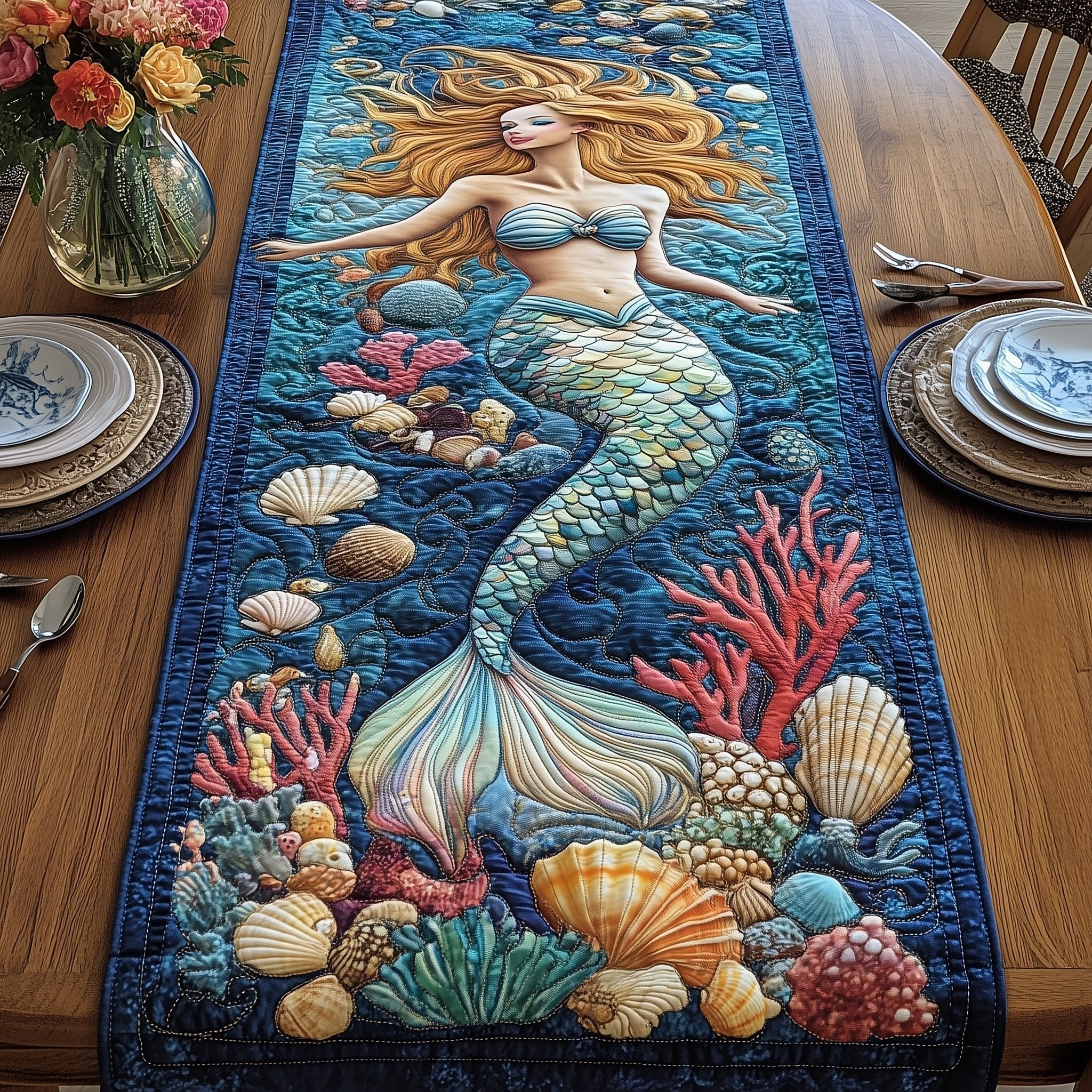 Mermaid Tail Among Shells and Coral Table Runner