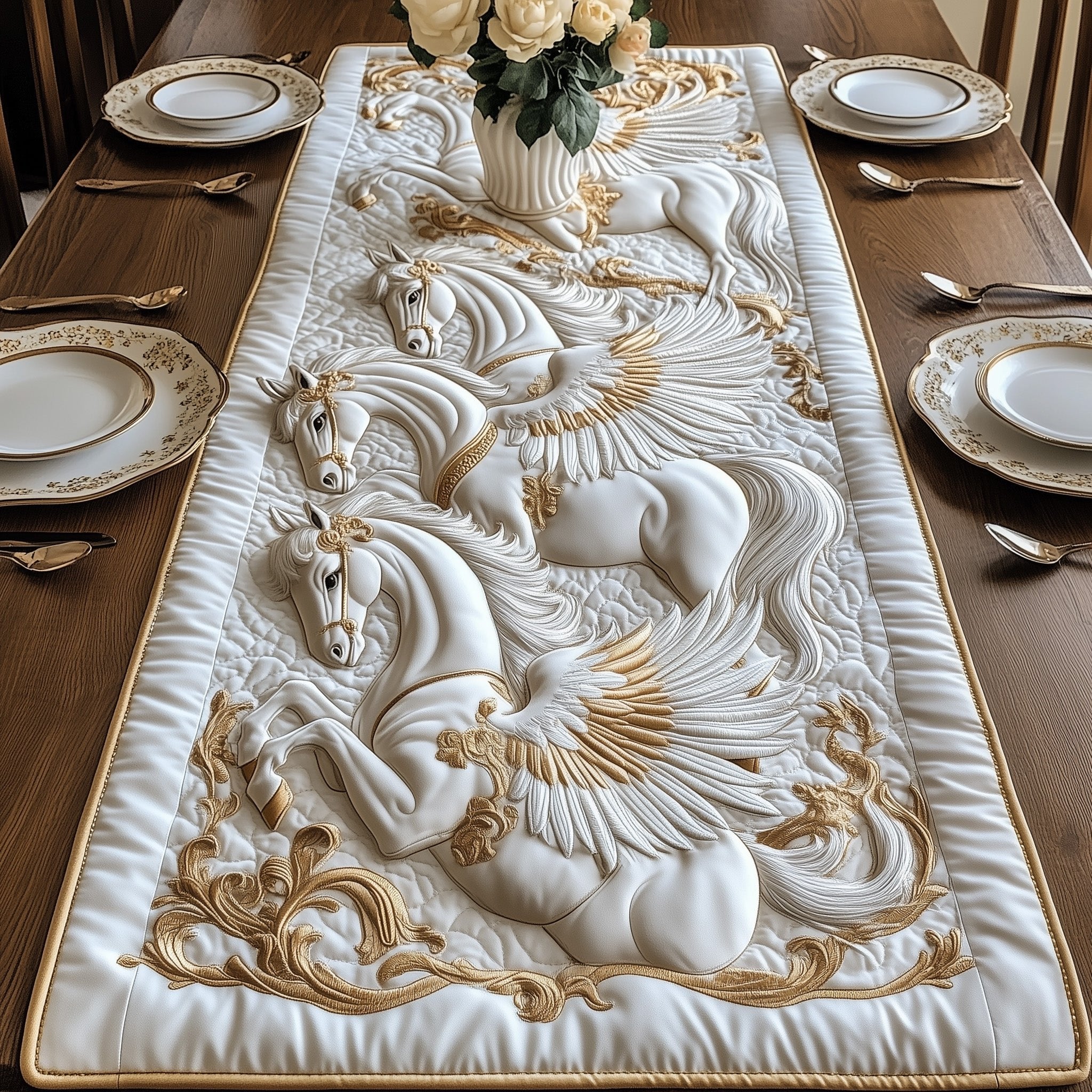 White Horses on Cream Relief Table Runner