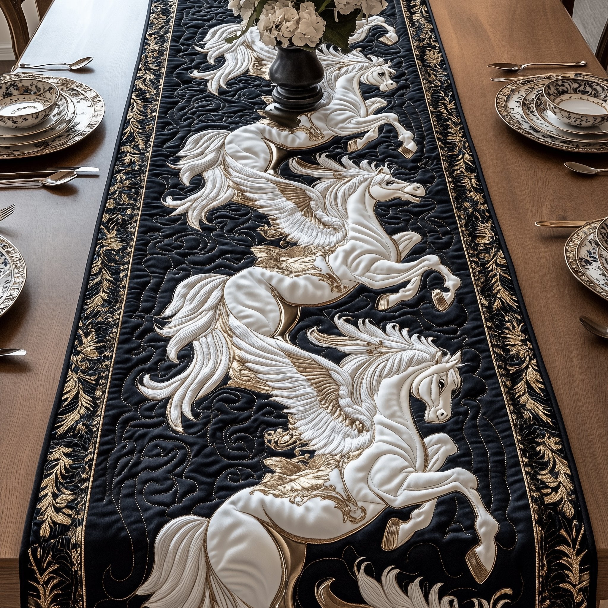 Rearing White Horses on Black Table Runner