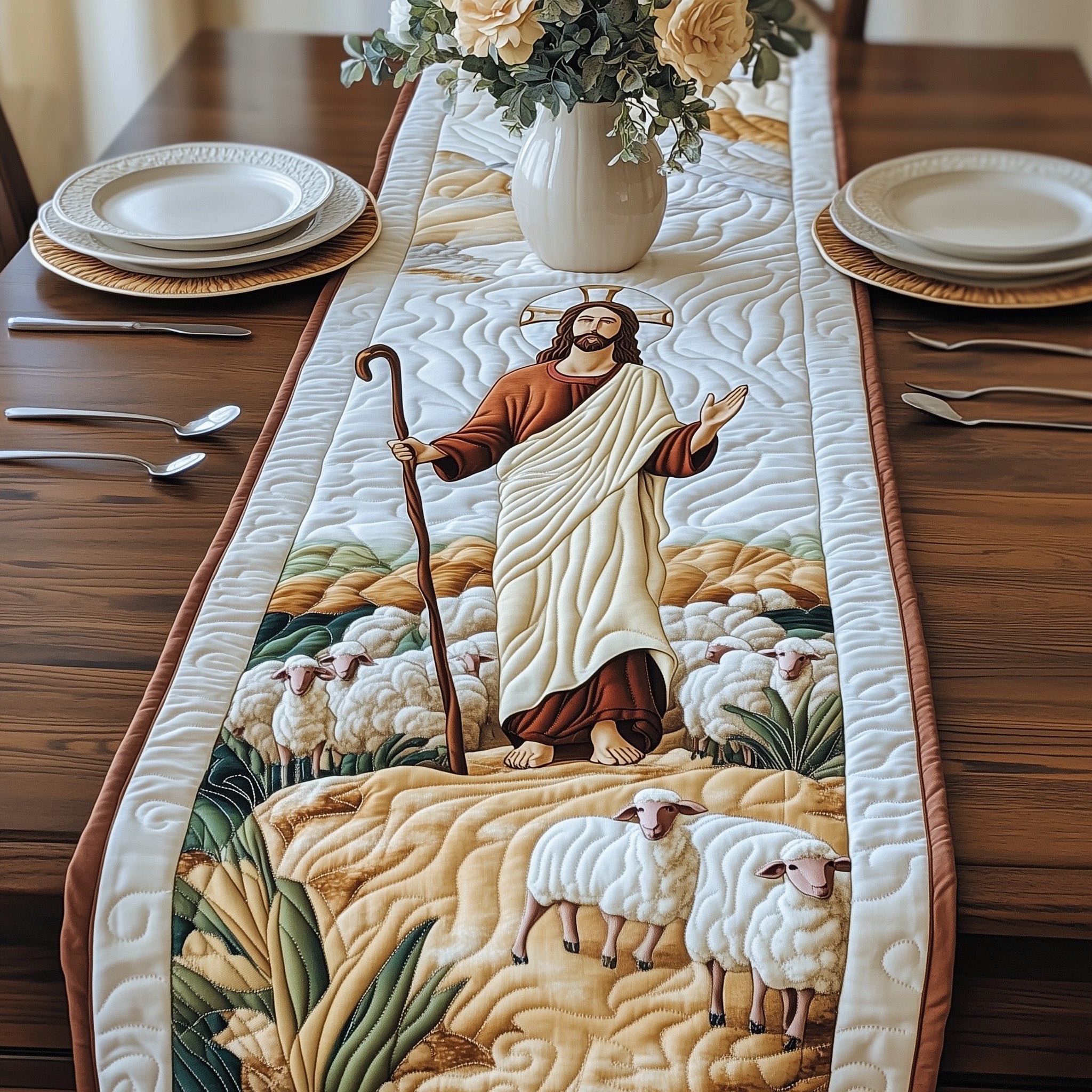 Shepherd Jesus with Grazing Sheep Table Runner