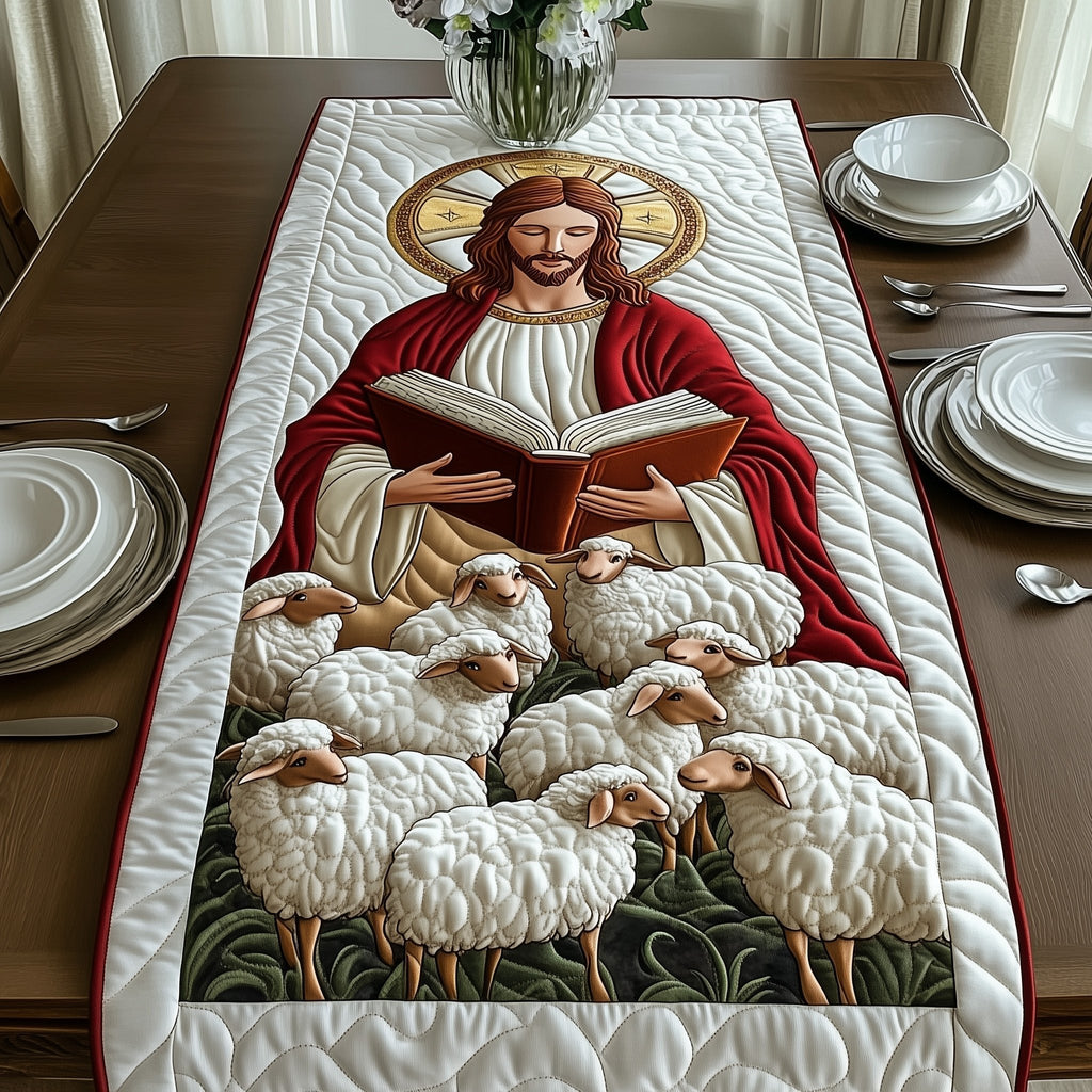 Jesus in Red Robe with Flock Table Runner