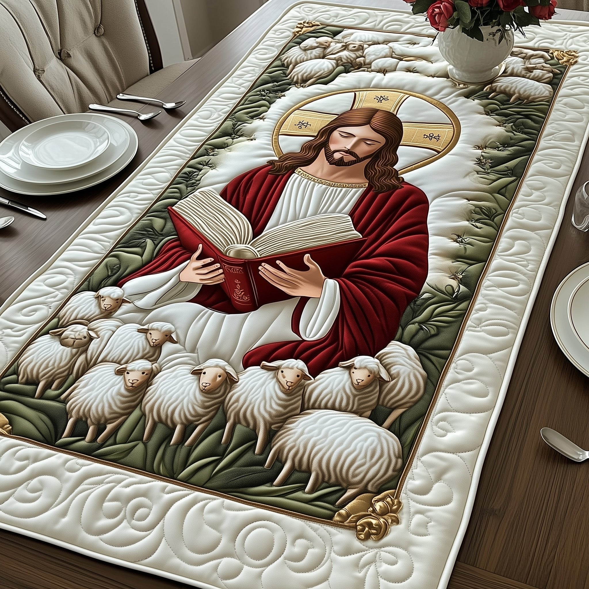 Jesus Reading Among the Lambs Table Runner