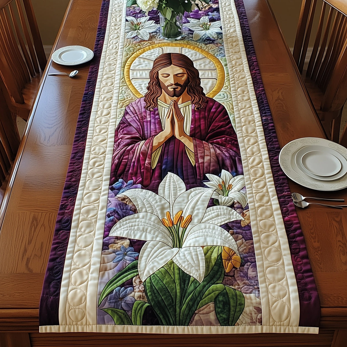 Praying Jesus with White Lilies Table Runner