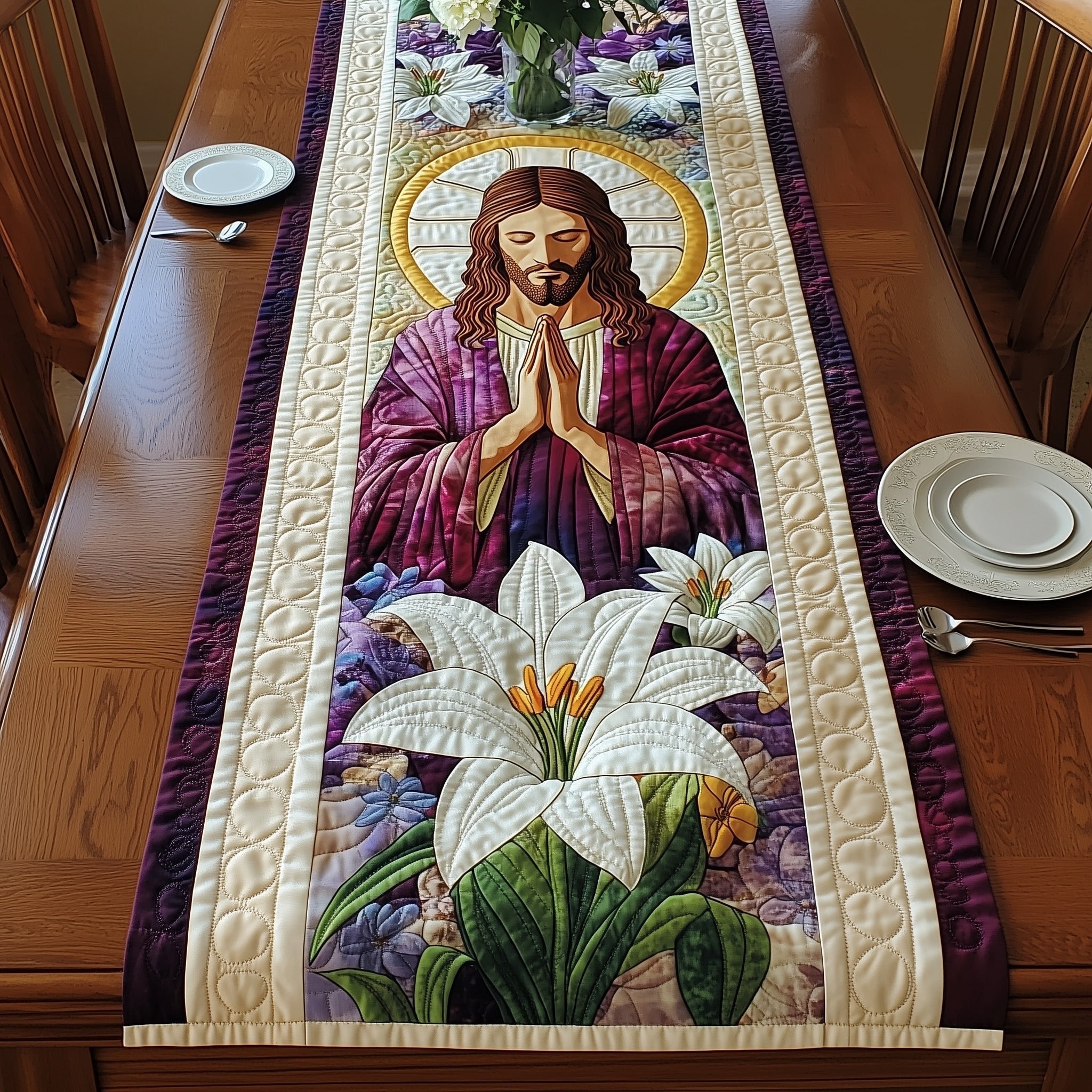 Praying Jesus with White Lilies Table Runner