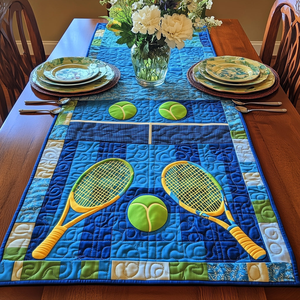 Tennis Rackets and Balls on Blue Table Runner