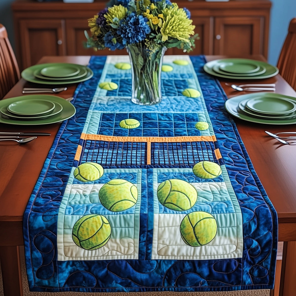 Tennis Court with Yellow Balls Table Runner