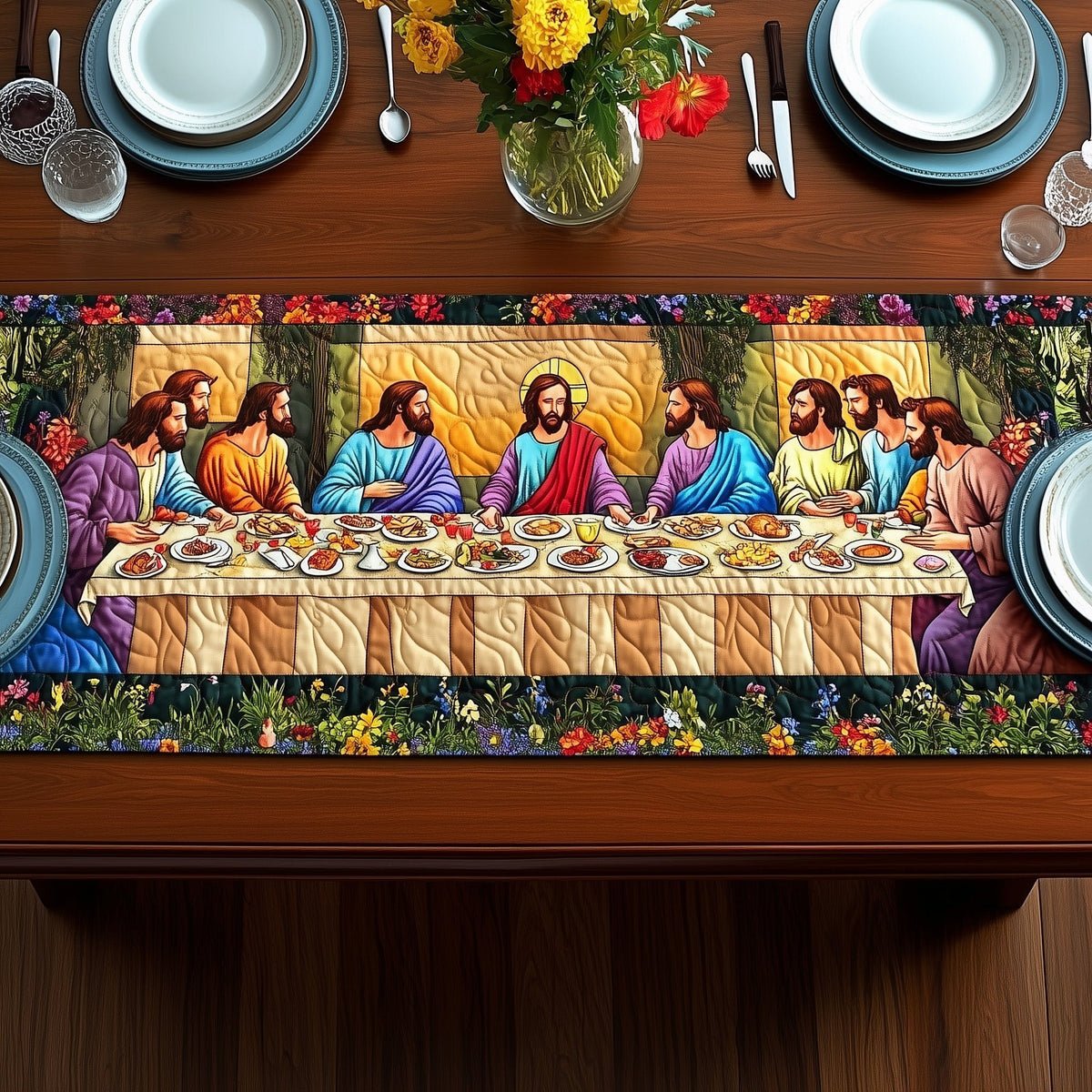 Last Supper with Floral Border Table Runner