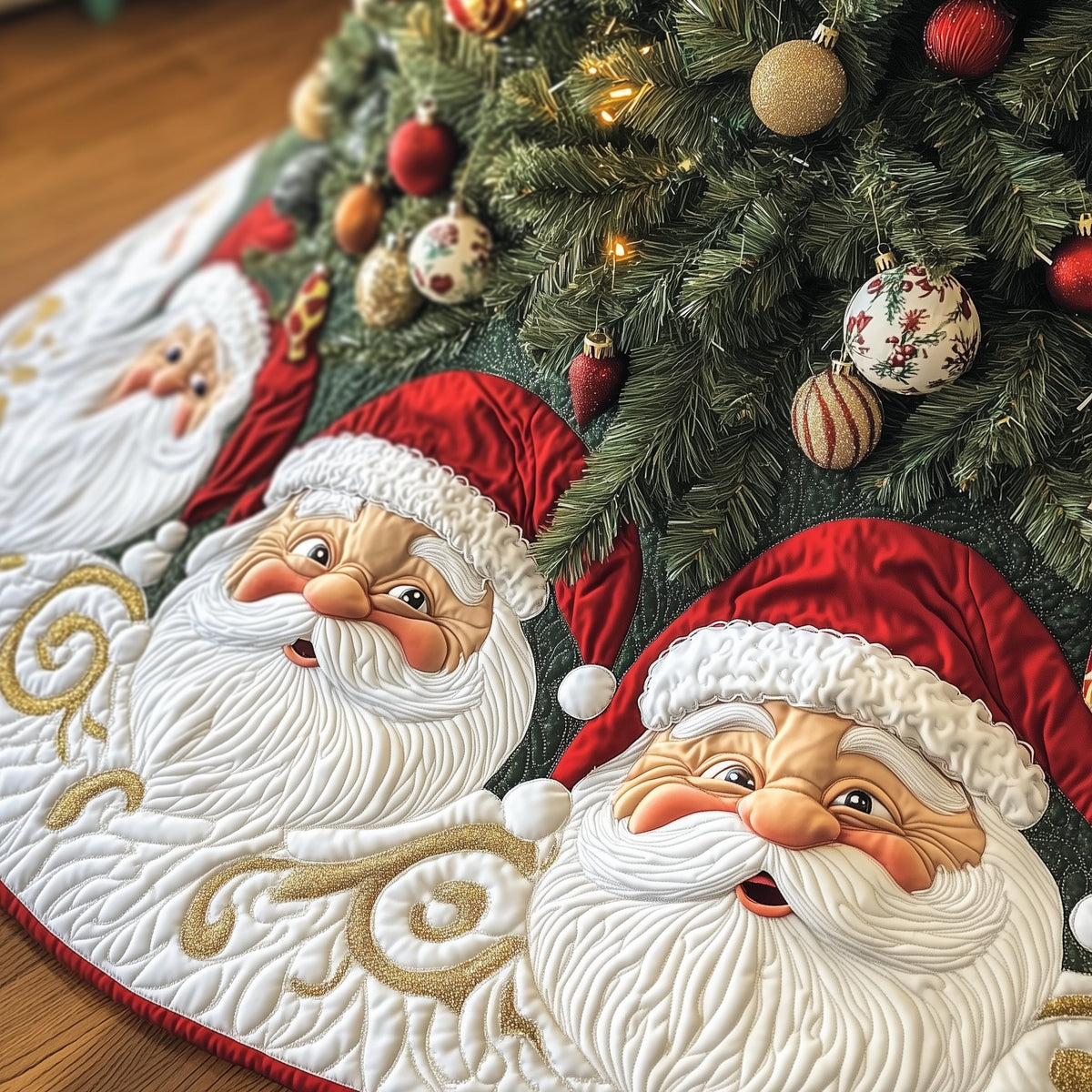 Santa Pair on the Gold Swirl Red Christmas Tree Skirt