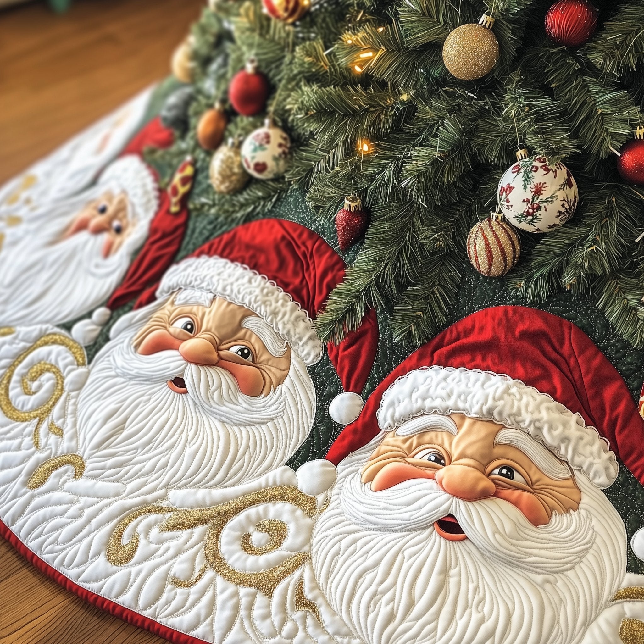 Santa Pair on the Gold Swirl Red Christmas Tree Skirt