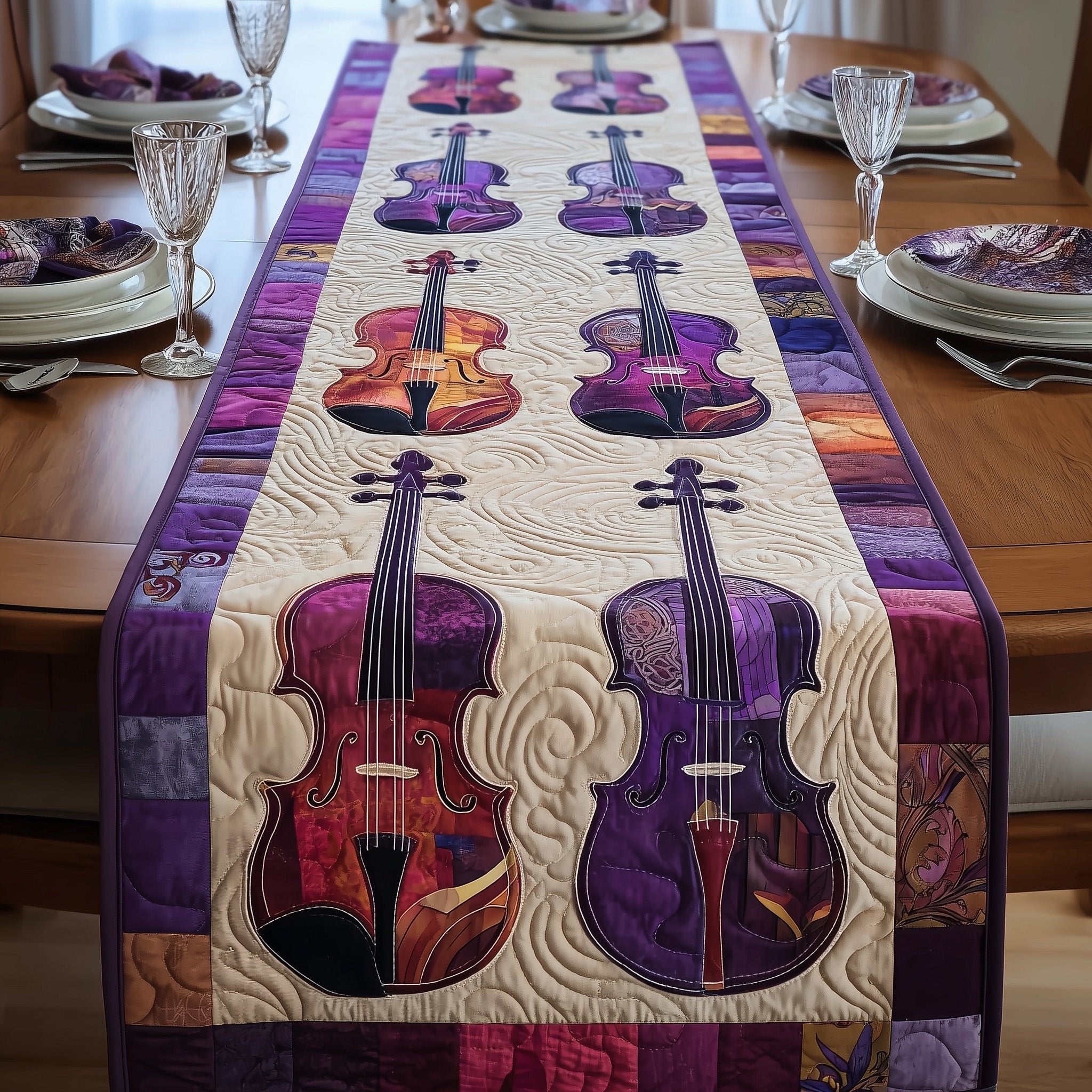 Violins on Purple and Cream Table Runner