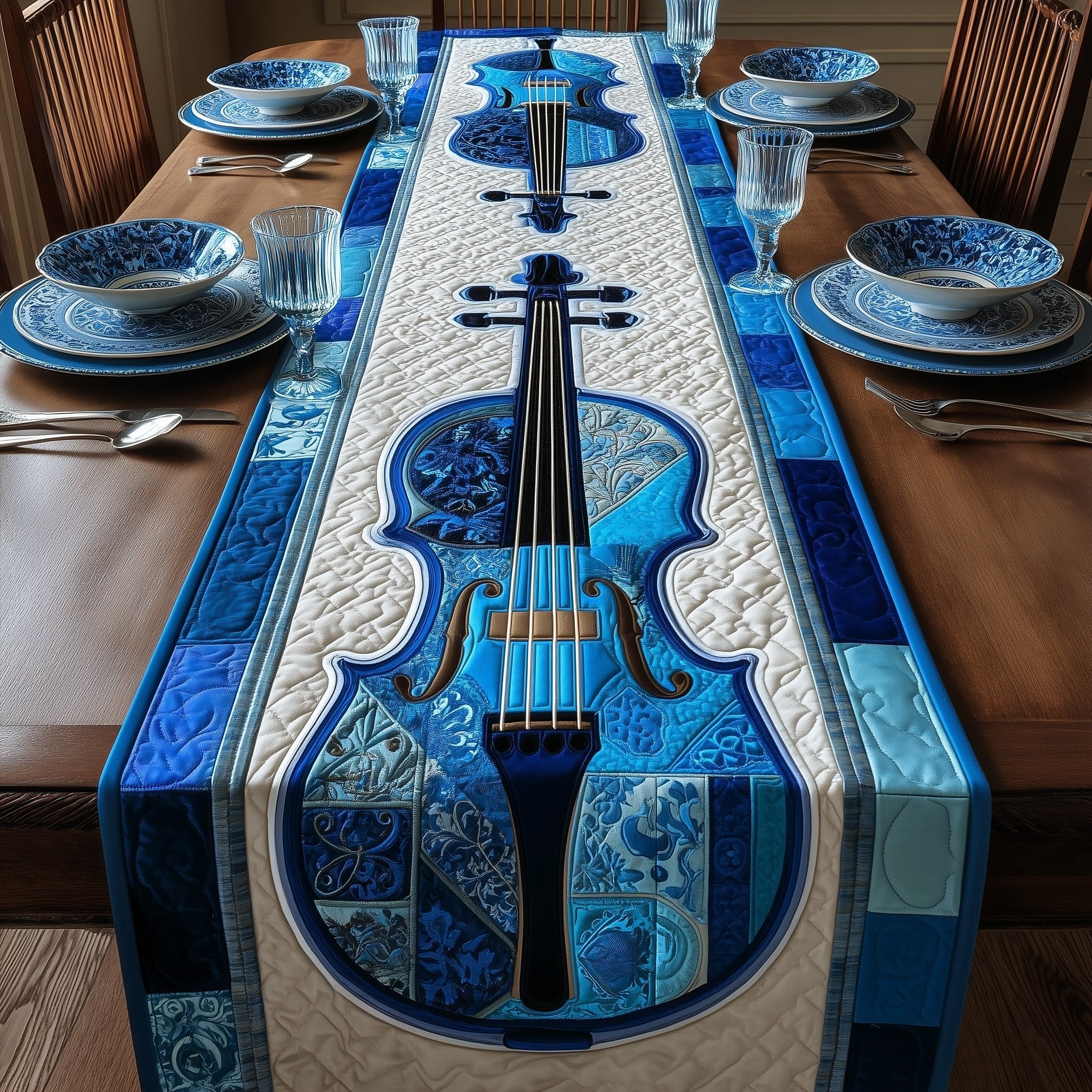 Blue Violin on Patchwork Panel Table Runner
