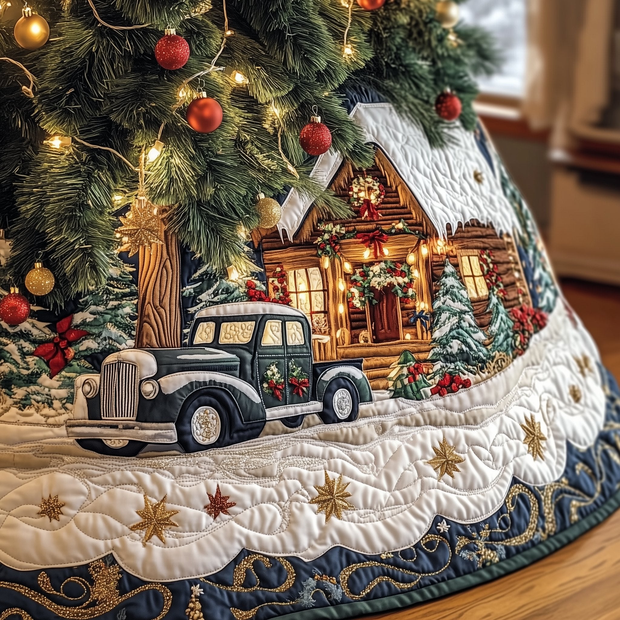 Vintage Truck by the Log Cabin Christmas Tree Skirt