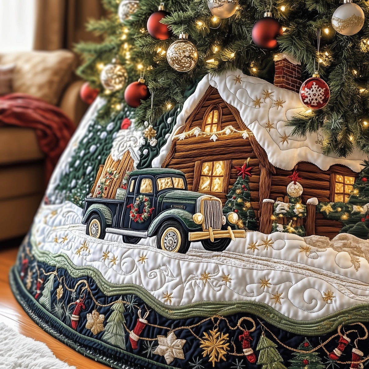 Old Truck at the Cabin Door Christmas Tree Skirt