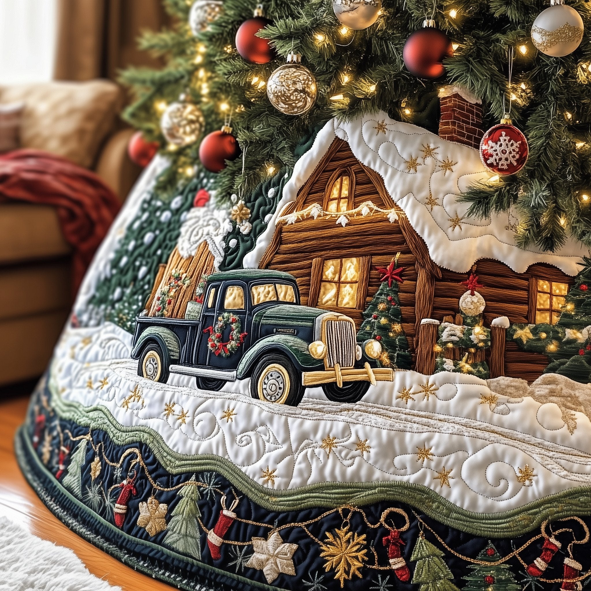 Old Truck at the Cabin Door Christmas Tree Skirt