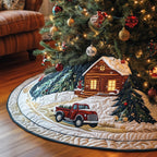 Red Truck by the Snowy Cabin Christmas Tree Skirt